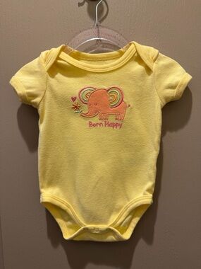 Yellow Baby Bodysuit with Pink Elephant Embroidery
